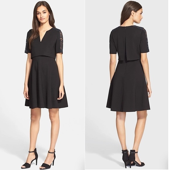REBECCA TAYLOR Lace Trim Short Sleeve Ponte Knit Crepe Fit & Flare Mini Dress 0 - Picture 1 of 8